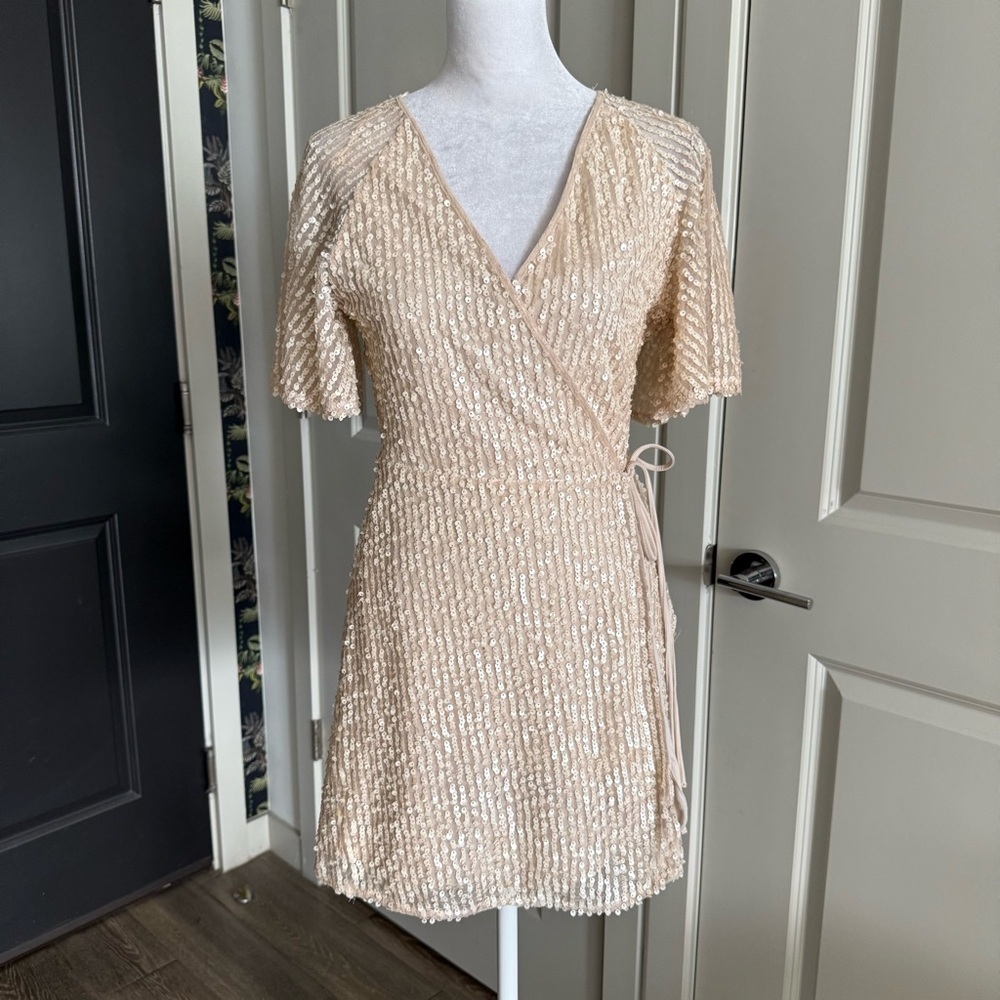 Zara Cream Sequins Beaded Holiday Party Wrap Dress Size M